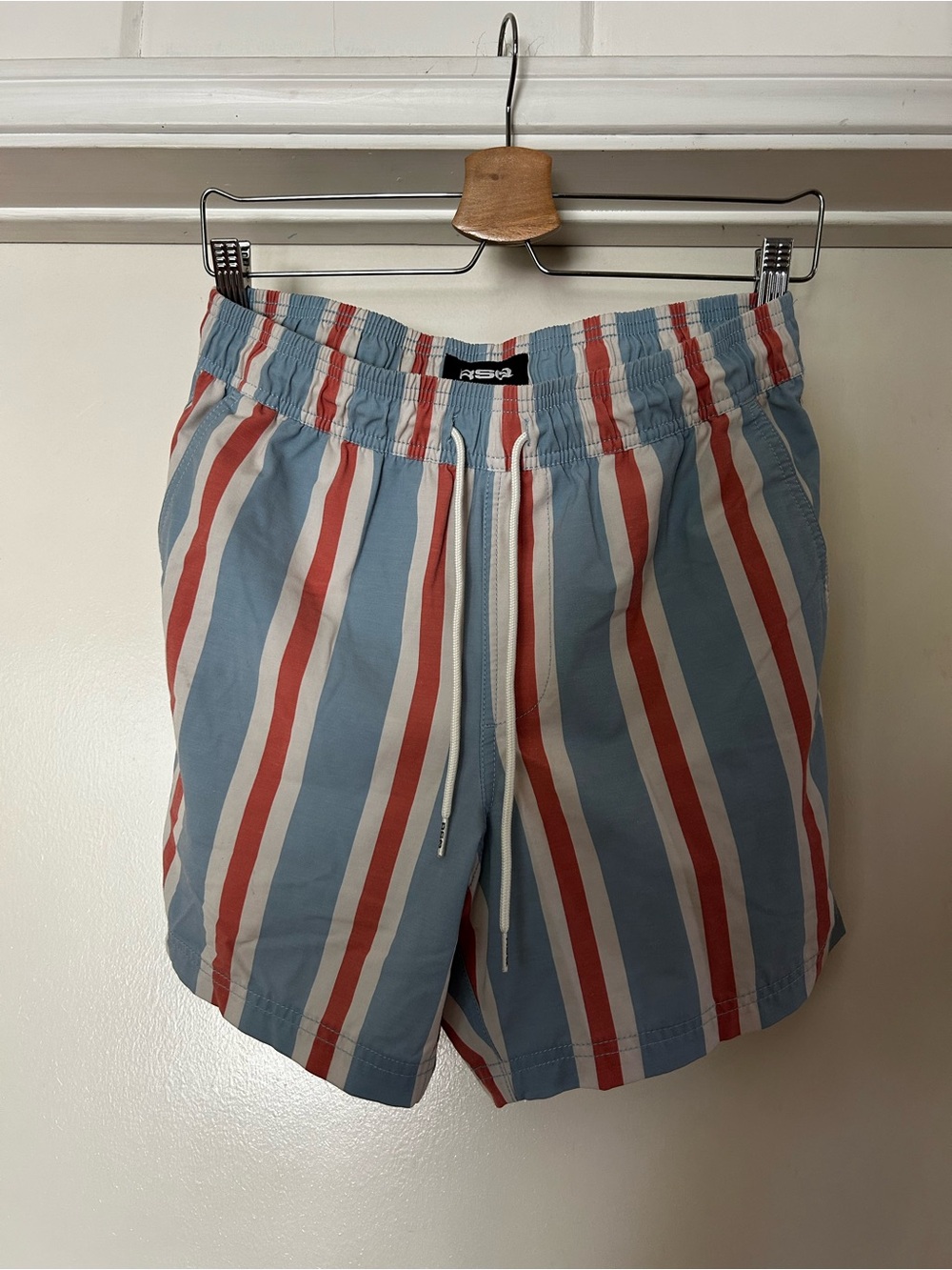 RSQ Blue, Red & White Vertical Stripe Swim Trunks